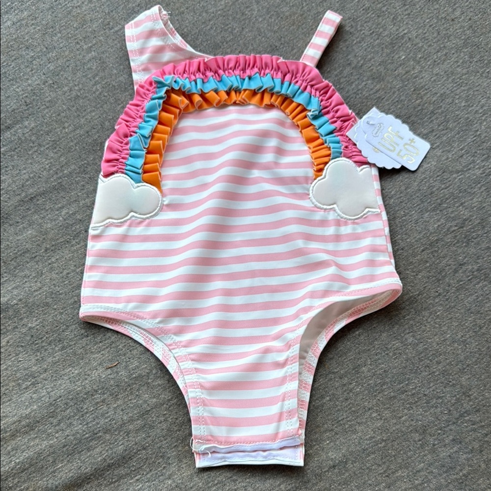 Ruffle Butts Pink Striped Rainbow One Piece